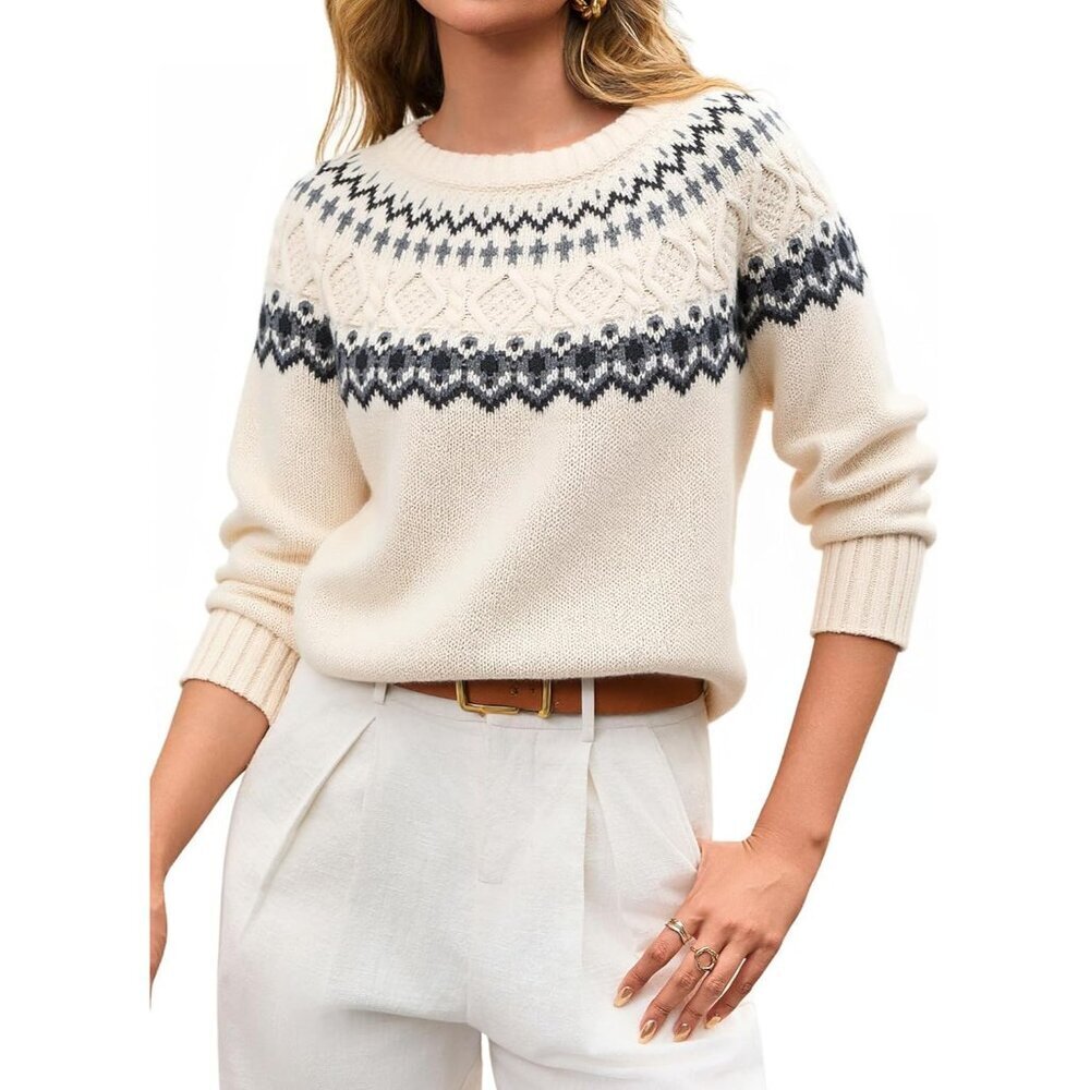 Womens Cropped Sweater Fair Isle Knit Crewneck Long Sleeve Fall Outfit